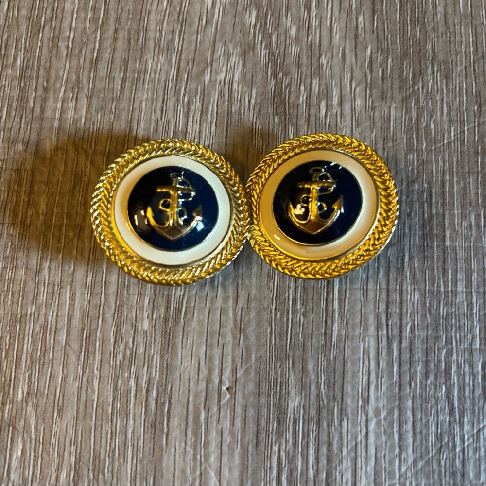 Vtg Gold Tone White Blue & Gold Enamel Nautical Anchor Clip-On Earrings